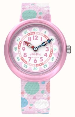 Flik Flak FLYING BUBBLES (31.85mm) Pink and White Dial / Pink Balloon-Patterned Recycled PET Fabric Strap FBNP224