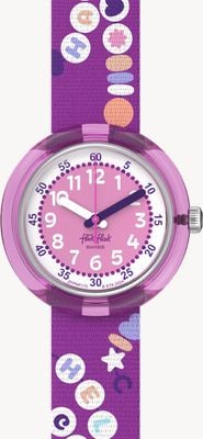 Flik Flak BFF (31.85mm) Pink and White Dial / Purple Friendship Bracelet Patterned Strap FPNP172