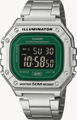 Casio Alarm Chrono Illuminator (43.2mm) Green Digital Dial / Stainless Steel Bracelet W-218HD-3AVEF