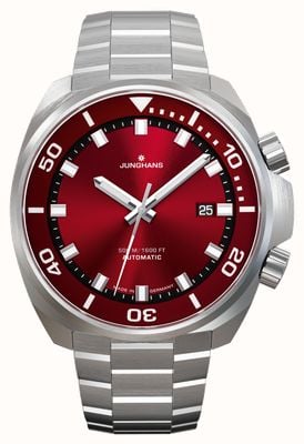 Junghans Aquaris Automatic (46.9mm) Red Sunburst Dial / Stainless Steel Bracelet + Black Rubber Strap 27/4661.44
