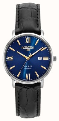 Roamer Valais Ladies Blue Dial With Yellow Gold Batons Black Leather Strap 958844 41 41 05