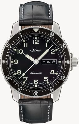 Sinn 104 St Sa A Classic Pilot Watch Black Leather Strap 104.011 BLACK ALLIGATOR EFFECT WHITE STITCH