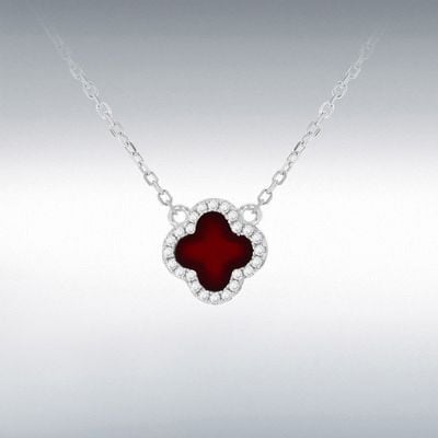 Sterling Silver Rhodium Plated 11mm Clover Red Agate and 1.1mm White CZ Adjustable Necklace 8.13.8060