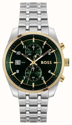 BOSS Men's SkyTraveller (44mm) Green Chronograph Dial / Stainless Steel Bracelet Watch 1514195