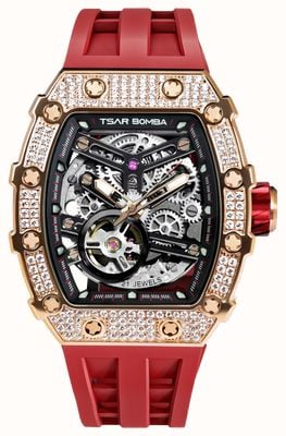 TSAR BOMBA Elemental Series Crystal Automatic (43.5mm) Black Skeleton Dial / Red FKM Rubber Strap TB8208D-07