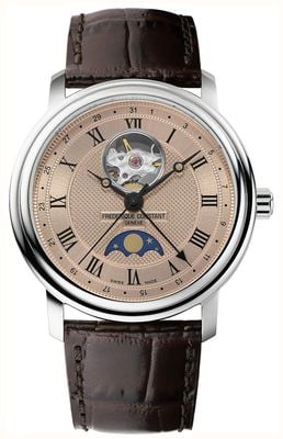 Frederique Constant Classics Heart Beat Moonphase (40mm) Clous de Paris Guilloché Salmon Dial / Brown Leather Strap FC-335MCSALB4P26