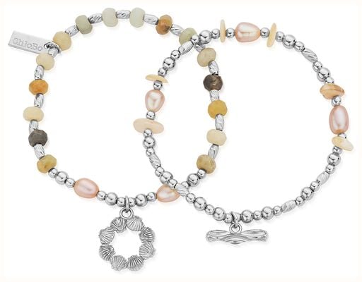 ChloBo TREASURES OF BALI Peace & Balance Set Of 2 Pearl Charm Bracelets - 925 Sterling Silver SBSETAPS3538