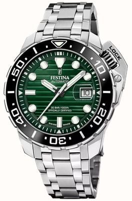 Festina Swiss Made Automatic COSC Diver (47.3mm) Green Dial / Stainless Steel Bracelet SET F20043/4