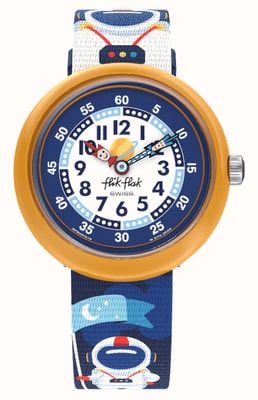 Flik Flak ASTRODREAMS (31.85mm) White and Blue Dial / Astronaut Patterned Fabric Strap FBNP216