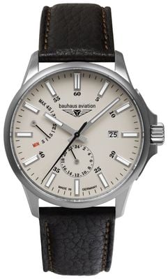 Bauhaus Aviation Titanium Automatic Power-Reserve (42mm) Beige Luminous Dial / Black Leather Strap 2860-5
