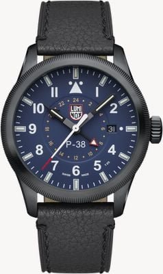 Luminox P-38 Lightning GMT 9520 Series 'Open Sky Blue' (42mm) Blue Dial / Black Leather Strap Watch XA.9523