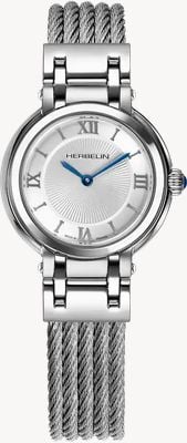 Herbelin Galet Quartz (28mm) Silver Guilloché Dial / Stainless Steel Cable Bracelet 17430BC28