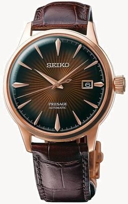 Seiko Presage Cocktail Automatic Rose Gold Case Brown Leather Watch SRPB46J1