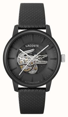 Lacoste Men's 12.12 Automatic (44mm) Black Open Heart Dial / Black Leather Strap 2011383