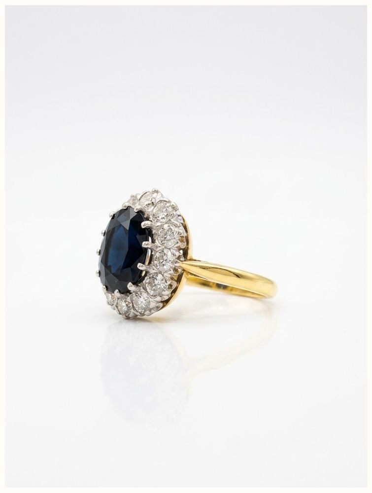 James Moore & Co Pre-Owned 18ct Yellow Gold Platinum Head Royal Blue 2.50ct Sapphire & 1.10ct Diamond Cluster Halo Ring J18130 - alternate view 3
