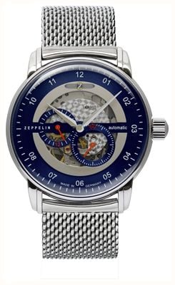 Zeppelin Captain's Line Small-Seconds Automatic (42mm) Blue Open Heart Dial / Stainless Steel Mesh Bracelet 8664M-3