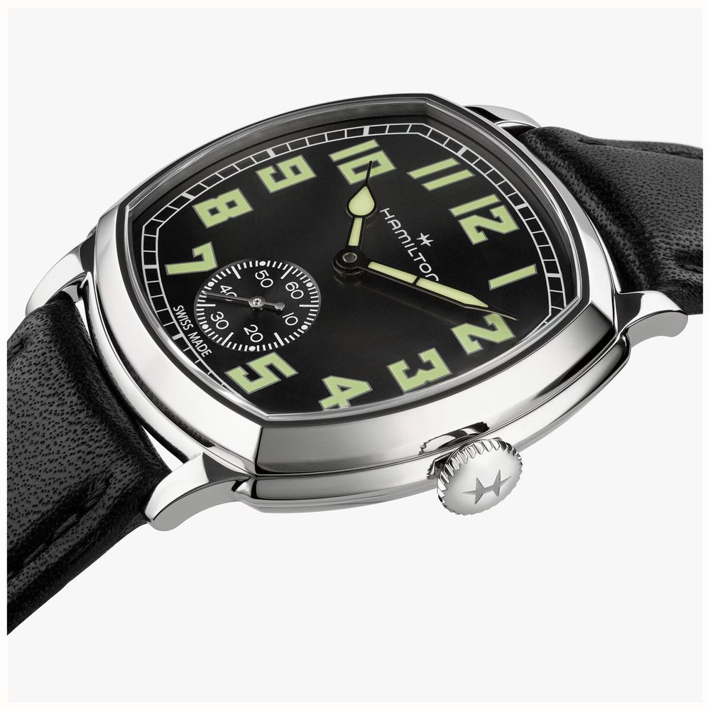Hamilton American Classic Cushion Mechanical (34mm) Black Sunray Dial / Black Leather Strap Watch H36129730 - alternate view 4