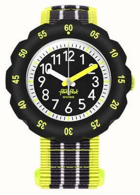 Flik Flak Kid's LOOP IN NEON (34.75mm) Black Dial / Black and Yellow Velcro Recycled PET Fabric Strap FPSP073