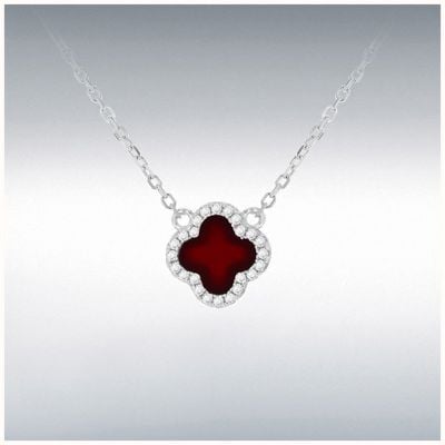 Sterling Silver Rhodium Plated 11mm Clover Red Agate and 1.1mm White CZ Adjustable Necklace 8.13.8060