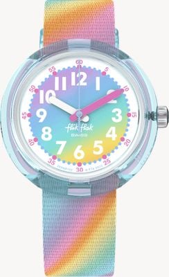 Flik Flak LIQUID RAINBOW (31.85mm) Rainbow Dial / Rainbow Recycled PET Fabric Strap FPNP152