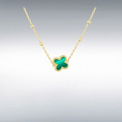 9ct Yellow Gold 9.5mm Malachite Clover DC Ball Necklace 1.19.2240