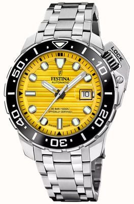 Festina Swiss Made Automatic COSC Diver (47.3mm) Yellow Dial / Stainless Steel Bracelet SET F20043/1