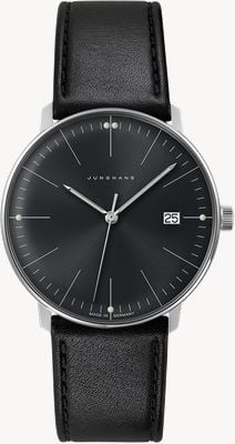Junghans Men's Max Bill Quartz Plain Black Dial Black Leather Watch Sapphire 41/4465.02