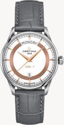 Certina Men's DS-1 Day Date (40mm) White Dial / Grey Leather Strap C0294301601101
