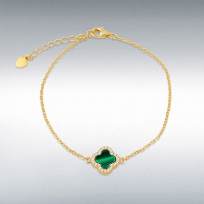 Sterling Silver Yellow Gold Plated 11mm x 11mm Clover Malachite and 1mm White CZ Adjustable Bracelet 8.23.7953