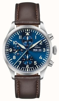 Laco Kiel.2 Automatic Chronograph (43mm) Dark Blue Sunray Dial / Brown Leather Strap 862186