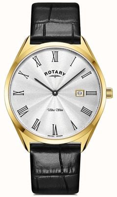 Rotary Men's Ultra Slim | Gold PVD Plated Case | Black Leather Strap GS08013/01