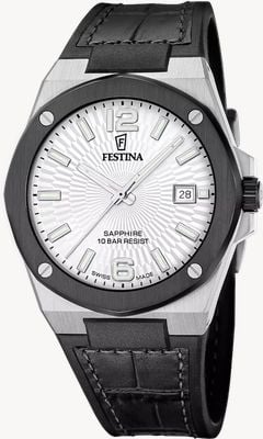 Festina Swiss Made Vallée Quartz (42mm) Silver Dial / Black Hybrid Leather Strap F22001/1