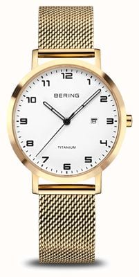 Bering Titanium Quartz (34mm) White Dial / Gold PVD Milanese Bracelet 18634-334