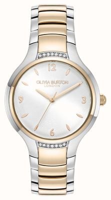 Olivia Burton Classic Lea Crystal (34mm) Silver-White Guilloche Dial / Two-Tone Stainless Steel Bracelet 24000211