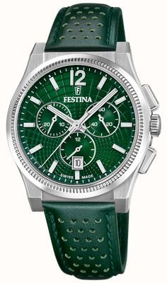 Festina Swiss Made Rivé Quartz Chronograph (42.5mm) Green Dial / Green Leather Strap F20060/3