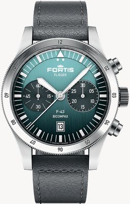 FORTIS Flieger F-43 Bicompax Petrol (43mm) Indigo Leather Aviator Strap F4240009