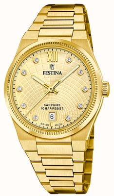 Festina Swiss Made Rivé Crystal Quartz (35mm) Gold Dial / Gold PVD Stainless Steel Bracelet F20058/2