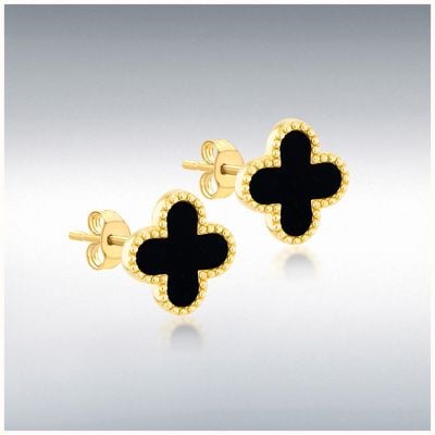 9ct Yellow Gold 11.4mm X 11.4mm Clover Black Onyx Stud Earri 1.55.9527