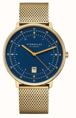 STERNGLAS Hamburg Quartz (42mm) Blue Dial / Gold PVD Milanaise Bracelet S01-HH07-MI05
