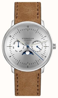 STERNGLAS Naos Moonphase Quartz (38mm) Moon-Silver Sunray Dial /  Brown Suede Strap S01-NM52-WL01