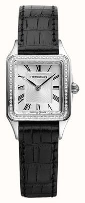 Herbelin Luna Diamond Quartz (24mm) Silver Guilloché Dial / Black Crocodile-Effect Leather Strap 17457AP62Y01