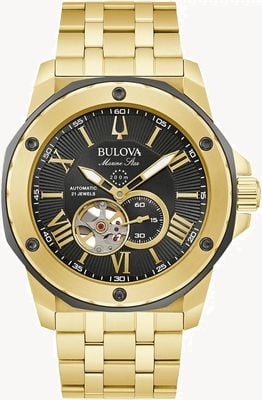 Bulova Men's Marine Star Automatic Black Dial / Gold-Tone Stainless Steel Bracelet 98A273