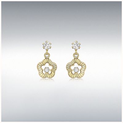 IBB 9ct Yellow Gold CZ 6mm x 11mm Diamond Cut Flower Drop Earrings 1.54.4669