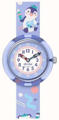 Flik Flak ARTY ANIMALS (31.85mm) White and Purple Dial / Purple Animal Patterned Strap FBNP246