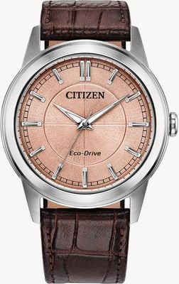 Citizen Eco-Drive Rolan (41mm) Salmon Dial / Brown Leather Strap Watch AW2110-14Z