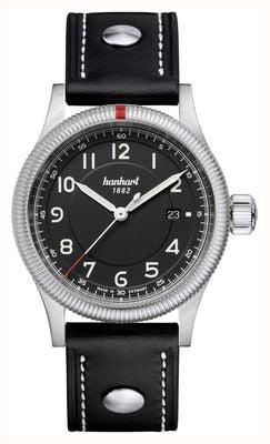 Hanhart PIONEER One Automatic (42mm) Black Dial / Black Leather Rivet Strap - M 762.210-0010