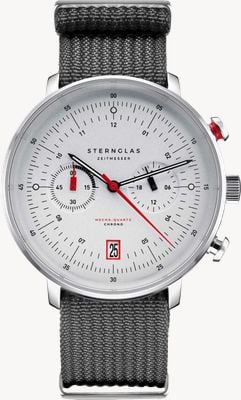 STERNGLAS Hamburg Mecha-Quartz Chronograph (42mm) Silver Dial / Field Stone Grey Fabric Strap S01-HC10-FI04
