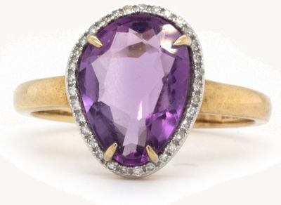 Elements Gold 9ct Yellow Gold Off Shape Amethyst Diamond Ring GR558M 54