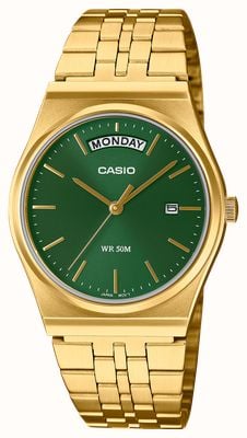Casio Retro MTP Series Day/Date (35mm) Green Sunray Dial / Gold PVD Stainless Steel Bracelet MTP-B146G-3AVEF