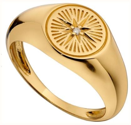 Elements Silver Sterling Silver Gold Plated Sun Burst Diamond Cut Signet Ring R3775C